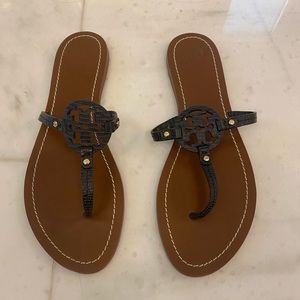 Tory Burch sandals;navy blue leather logo & straps